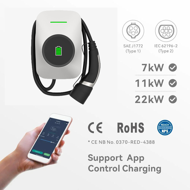 Single Phase Electric Vehicle Charging Wallbox 7.5kw IP54